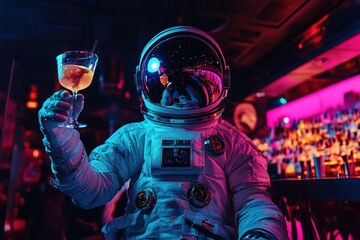Wall Mural - bottom view astronaut in white spacesuit and helmet siting at a bar holding glass of sweet fresh alcohol cocktail, interior with bright neon pink lighting