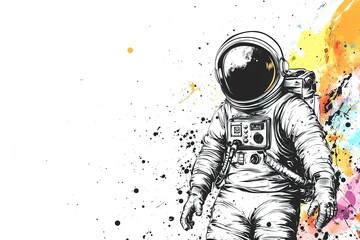Wall Mural - retro cosmic postcard with ink drawing astronaut in space suit and colorful splashes with copy space