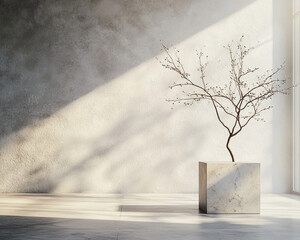 Poster - A bare tree in a minimalist modern room with soft sunlight shining on the textured walls, symbolizing tranquility, simplicity, and the beauty of nature in a serene indoor setting