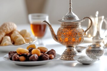 Poster - A silver teapot sits on a white table, ready for use
