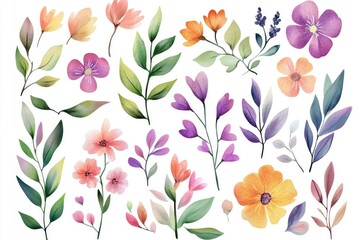 Poster - Delicate watercolor flowers on a clean white background, ideal for branding and design use
