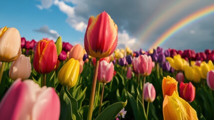 Wall Mural - Vibrant rainbow arches over a colorful field of tulips under a partly cloudy sky