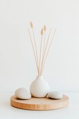 Poster - Elegant display of a white vase with natural reeds surrounded by smooth pebbles on a round wooden tray, creating a calming atmosphere in a light-filled space