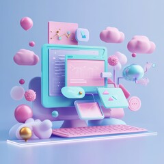 Poster - A colorful, digital workspace features pastel elements like clouds, screens, and devices, creating a whimsical tech environment.