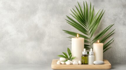 Poster - A peaceful arrangement featuring white candles and essential oils on a wooden tray surrounded by green leaves and smooth stones, creating a calming atmosphere
