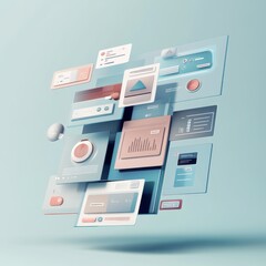 Poster - A modern, 3D representation of floating digital interface cards showcasing various data visualizations and controls in a sleek, minimalist design.