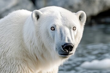 Poster - Close-up shot of a polar bear near a body of water, suitable for environmental or wildlife-related designs