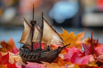 Poster - A tiny boat sits atop a heap of vibrant fall foliage