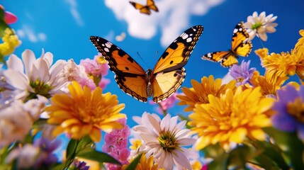 Wall Mural - Whimsical spring garden alive with colorful butterflies and blooming flowers under a bright blue sky