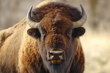 Sticker - A close up shot of a bison's head and large horns, great for wildlife or nature-themed designs