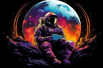 Wall Mural - stylish illustration astronaut in a spacesuit and helmet reads a book against the backdrop of a colo