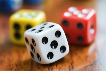 Poster - A pair of dice resting on a wooden surface