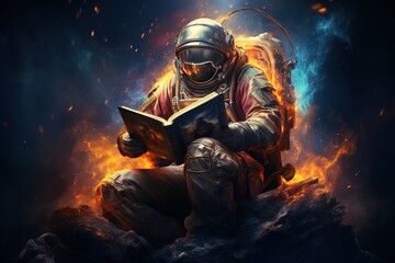 Wall Mural - an astronaut in a spacesuit and helmet reads a book against the backdrop of a colored galaxy