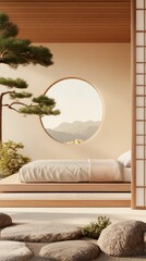 Poster - Minimalist bedroom design showcases natural materials, soft colors, and a large circular window framing a beautiful outdoor landscape with greenery and mountains