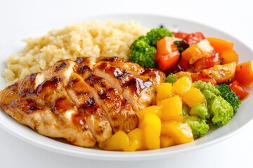 Aufkleber - A simple meal of chicken, rice, and vegetables served on a white plate