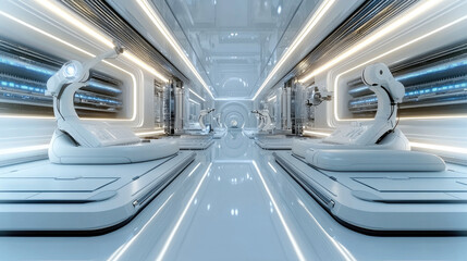 Aufkleber - Futuristic laboratory with robotic arms and sleek design, showcasing advanced technology and clean lines