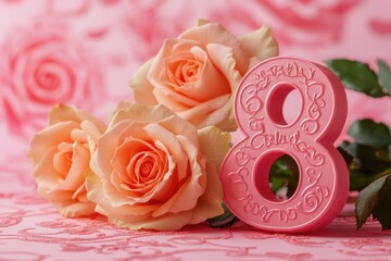 Poster - A pink number 8 surrounded by pink roses