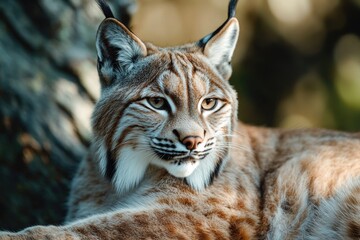 Poster - Close-up shot of a cat reclining on a tree branch