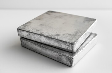 Poster - Metallic shiny squares stacked on a white background showcasing modern design and industrial elegance for creative projects and presentations