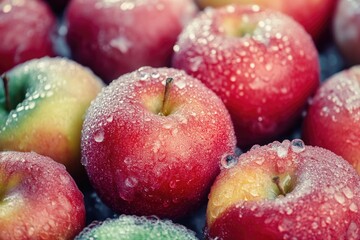 Aufkleber - A pile of fresh apples glistened with tiny water droplets