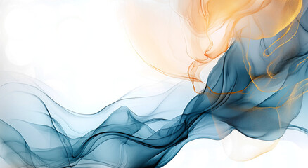 Aufkleber - Abstract fluid art background in blue and gold colors, with an alcohol ink effect on a white background. 