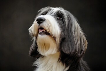 Poster - Close-up photo of a dog against a dark backdrop, suitable for use in pet-related or design projects