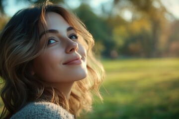 Poster - A young woman gazes up at the sky with a contemplative expression