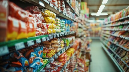 Poster - Grocery store shelf stocked with various food items, ideal for use in advertisements or editorial content