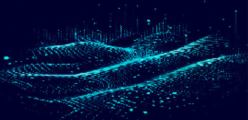 Poster - Vector illustration of a swirling waves made from dots, creating a dynamic sense of movement. Blue tones and digital style evoke a futuristic, cosmic feel, blending art and technology.