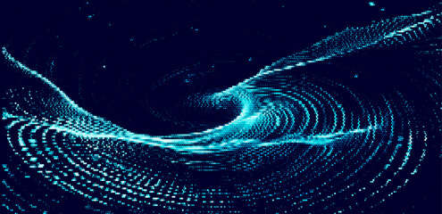 Poster - Vector illustration of a swirling waves made from dots, creating a dynamic sense of movement. Blue tones and digital style evoke a futuristic, cosmic feel, blending art and technology.
