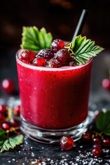 Poster - A glass filled with a vibrant red liquid and topped with colorful berries, perfect for a festive occasion or as a prop in a still life composition