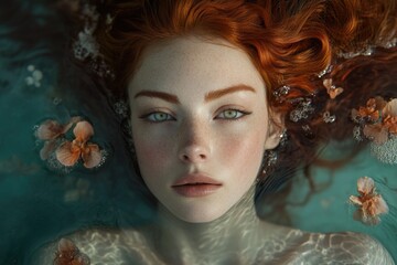 Aufkleber - A woman with bright red hair lying in a pool of water