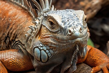 Poster - Close-up photo of a lizard sitting on a tree branch, looking around