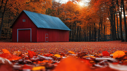 Poster - rustic red barn surrounded by vibrant autumn foliage and fallen leaves, creating picturesque scene of nature beauty