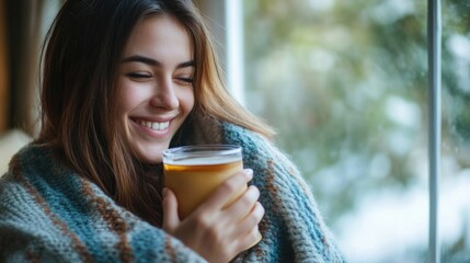 Poster - A woman relaxing at home with a cup of coffee and a cozy blanket