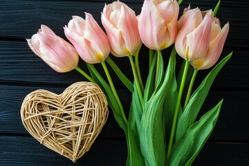 Poster - A bouquet of pink tulips rests beside a wicker heart, perfect for romantic occasions or Valentine's Day decorations