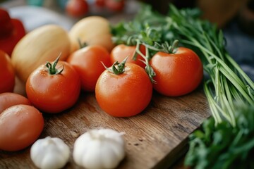 Poster - Fresh vegetables on a rustic wood surface, ideal for kitchen or food photography