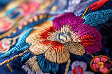 Poster - Close-up shot of vibrant embroidered fabric with intricate designs