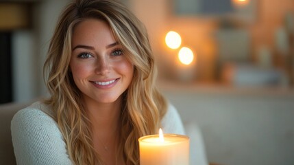 Aufkleber - Soft candlelight flickers gently, casting a warm glow as a smiling individual enjoys a tranquil moment of peace and comfort in a cozy, inviting space filled with soft decor