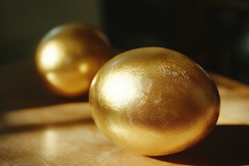 Poster - Two golden balls sitting on a wooden table, ideal for decoration or photography props