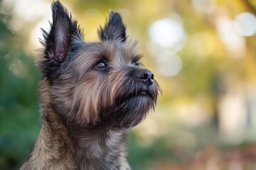 Poster - A brown dog with long hair gazing upwards, possibly waiting for attention or treats