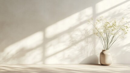Poster - A serene space showcases a minimalist design with a soft-hued vase holding delicate dried flowers, illuminated by gentle daylight streaming through windows