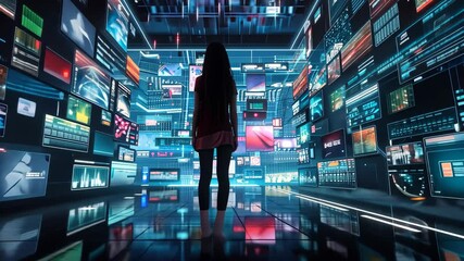 Poster - A person stands alone in a dark space surrounded by bright, colorful screens displaying various data and visuals