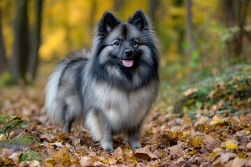 Poster - A dog standing amidst autumn leaves in the woods