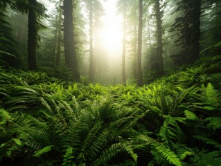 Wall Mural - sunlight through a lush green forest