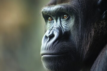Poster - A close-up shot of a gorilla's face with a blurred background, great for wildlife or conservation-themed projects