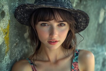 Poster - A woman wearing a hat leans against a wall, looking relaxed