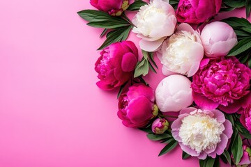 Poster - A bouquet of pink and white peonies set against a soft pink background