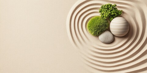 Poster - Natural elements blend seamlessly with minimalistic design in this Japandi concept, featuring soft lines, stones, and lush greenery creating a calming atmosphere