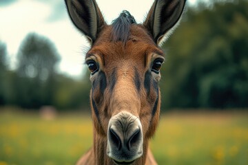 Poster - Close-up shot of a horse's face in a green field